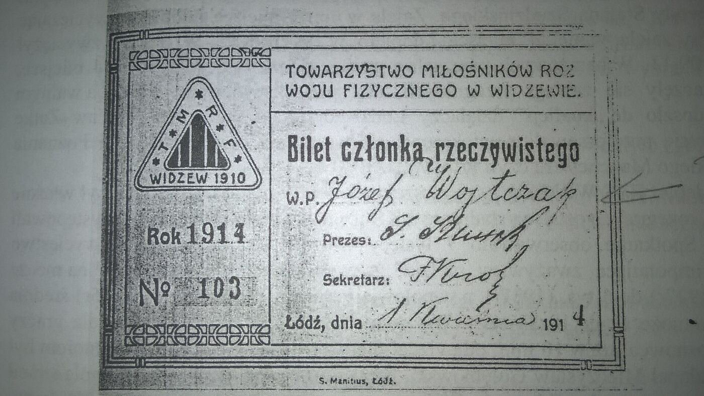 Legitymacja członkowska TMRF Widzew z 1914 roku